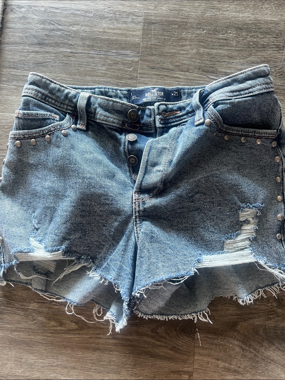 Hollister Distressed Studded Denim Shorts - Light Blue Wash